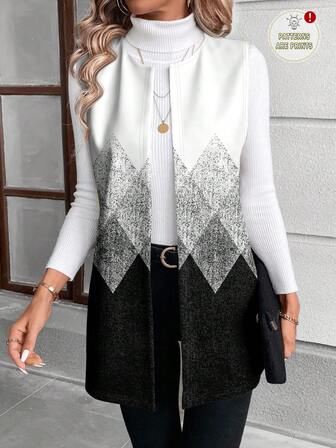 EMERY ROSE Veste pour femmes grande taille imprimée géométrique en dégradé de noir et blanc, style romantique automnal casual. Veste sans manches pour femmes, veste noire et blanche, tenue du Nouvel An, bureau, vêtement extérieur