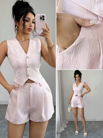 SHEIN Elenzya New Elegant Women's Solid Color Bow Jacquard Minimalist Style Sleeveless Top And Shorts Set, Ladies Casual Asymmetric Design, Pocket Sleeveless Regular Fit, Top And Shorts Set, Suitable For Spring/Summer, Everyday Casual Wear 2 Pieces Short Sets Woman Short Suit Set Women Women's Short Sets Elegant Short Sets