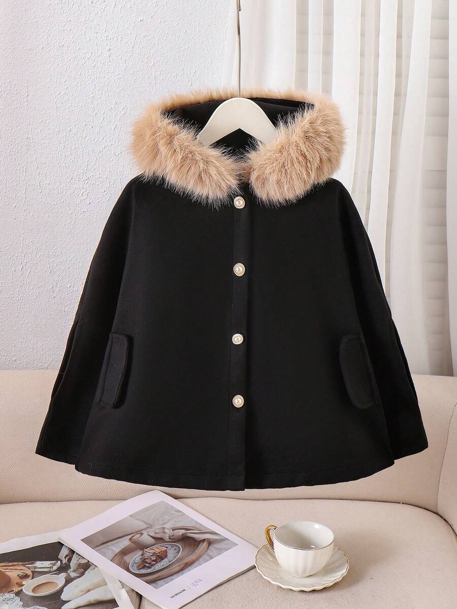 Elladie kids Poncho casual con capucha esponjosa y elegante para niña, color beige, para otoño/invierno - Negro - Ver 1