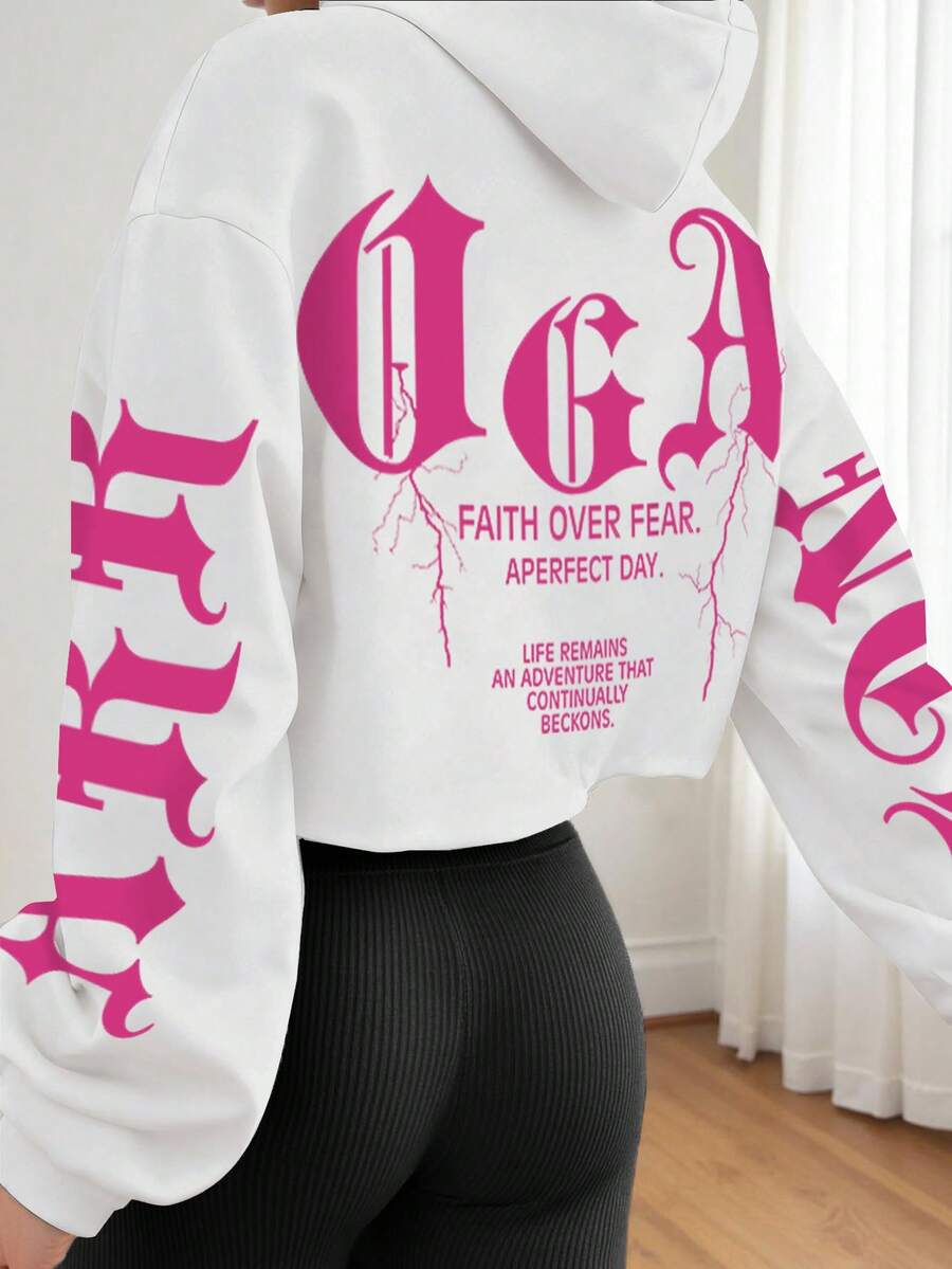 SHEIN EZwear 女式标语印花落肩长袖宽松连帽运动衫,休闲风格,毕业典礼,教师,返校套头衫秋季 - 白色 - 查看 1