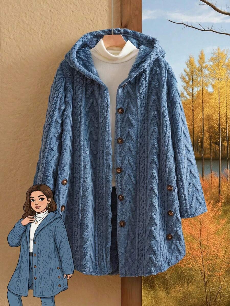 Rusticease Textured Plush Warm Comfortable Button Decorated Hooded Plus Size Jacket ,Spring - Blue - View 1