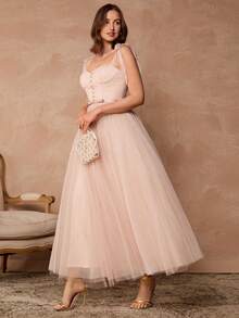Enchnt Đầm Maxi Maxi Thanh Lịch Thiết Kế Nút Lưới Viền Trơn Màu Trơn Cho Nữ - Rượu sâm banh - Xem 3