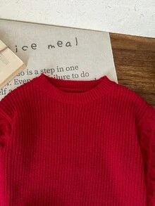 SHEIN LMoss Kids 女童可爱百搭休闲长袖毛衣，秋冬季 - 酒紅色 - 查看 3