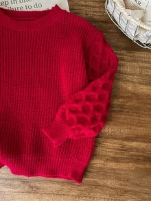 SHEIN LMoss Kids 女童可爱百搭休闲长袖毛衣，秋冬季 - 酒紅色 - 查看 5