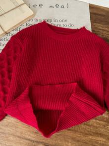 SHEIN LMoss Kids 女童可爱百搭休闲长袖毛衣，秋冬季 - 酒紅色 - 查看 7