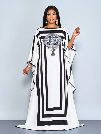 SOLERSUN Plus Size Fall And Spring New Black And White Contrasting Geometric Pattern, Skin-Friendly And Breathable Fabric, Boat Neck, Loose Waist, Batwing Sleeves, Slit Long Robe, Ruffled Mid-Length Dress Suitable For Clothing, Dinner, Beach Wear, Wedding Guests, Halloween, Thanksgiving, Christmas, Music Festival, Carnival And New Year's Elegant Casual Simple Fashion For Women