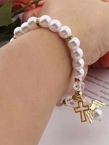 12 Hollow Cross Bead Elastic Bracelets, Suitable For First Communion, Wedding Ceremonies, Birthday Gifts, Baptism Gifts, Souvenirs - Multicolor - View 6