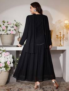 Modelyn 女士优雅时尚方领系带水钻镶嵌针织复古柔软长袖加大码连衣裙，秋冬款 - 黑色 - 查看 6
