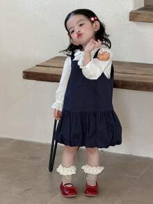 DAZY 女童纯色韩版叠层百搭连衣裙 - 藍色 - 查看 3