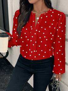 EMERY ROSE 优雅浪漫新年氛围浪漫心形图案印花休闲大码女式长袖衬衫，适合秋冬季节，秋季女式衬衫，外套，女士优雅，新年，女士新年风格，红色上衣，情人节春季 - 彩色 - 查看 6