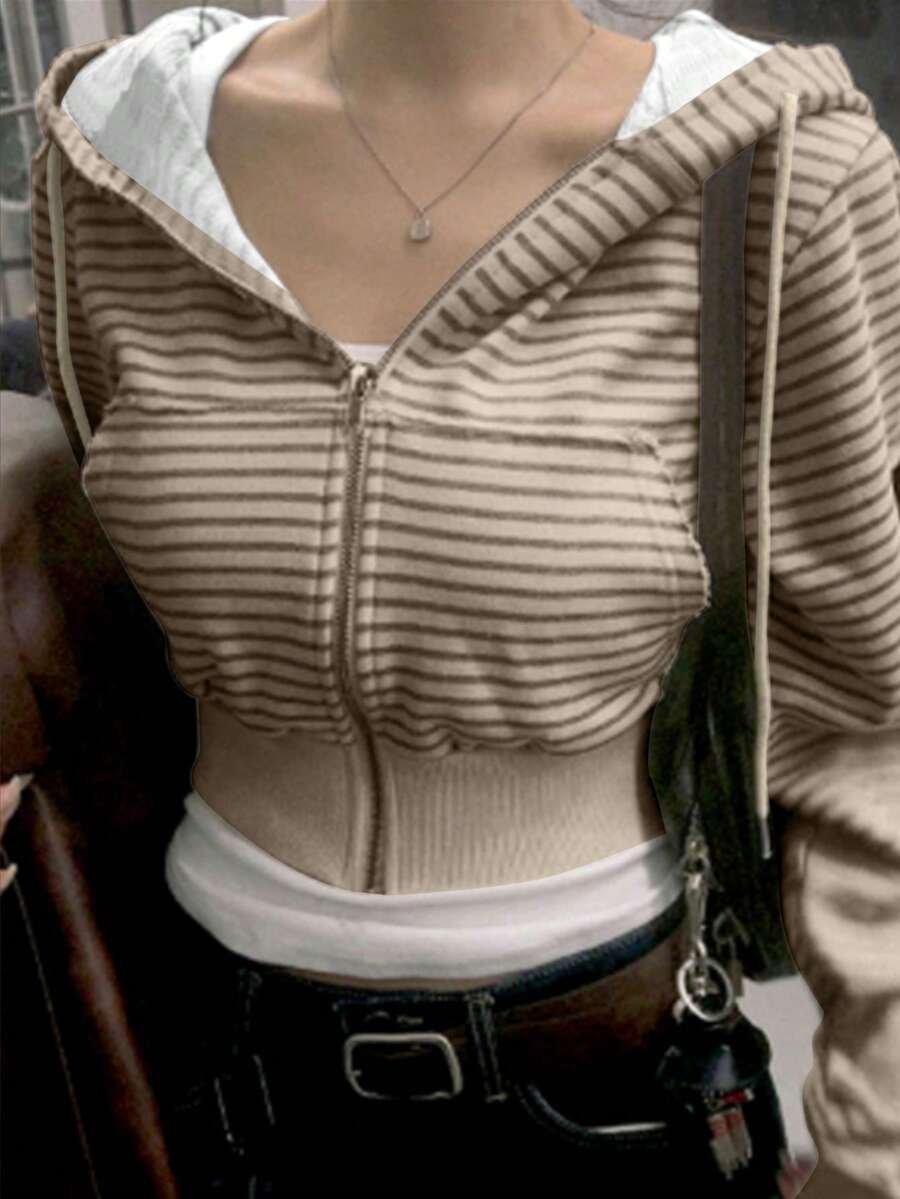 INAWLY 女士条纹插肩长袖短款休闲卫衣，带抽绳 - 彩色 - 查看 1