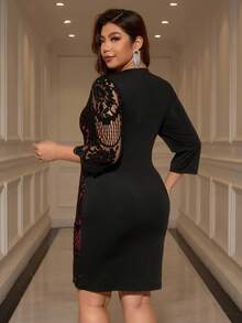 Ellevyn Plus Size Colorblock Lace Round Neck Fashion Dress Plus Size Dress Plus Size Cocktail Dress - Red - View 8