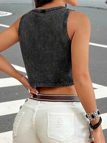 SHEIN EZwear Ladies' Short Knit Sweater Tank Top With Pocket - Black - View 2