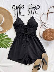 Soleia WYWH 女式镂空前系带橄榄绿色休闲海滩波西米亚音乐节夏季连体裤，百搭 - 黑色 - 查看 6