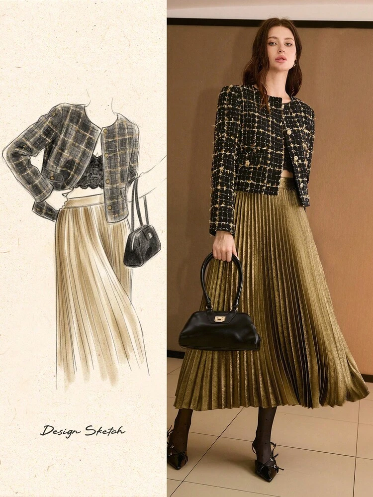 TWEED PLAID PATTERN SINGLE BREASTED PLACKET CROP JACKET