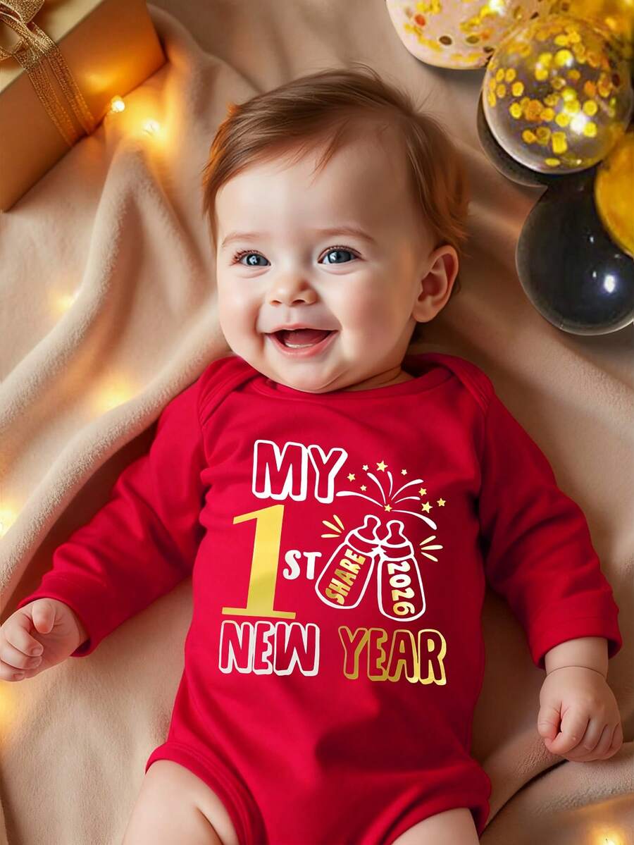 SHEIN Baby Boy "My 1st New Year" Letter & Milk Bottle Print Bodysuit, Cute & Fashionable, Long Sleeve Crew Neck, Suitable For New Year, Spring & Autumn - Red - View 1