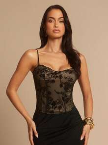 Silquee Black Sexy Sheer Lace Camisole Top, Lace Patchwork Fishbone Bralette, Lace Crop Top, Sexy Valentine's Day, Cute Lace Blouse, Sexy Club Top, Christmas, Halloween, Nightclub, Casual, Party, Date Night, Nightlife,Tank Top - Black - View 6