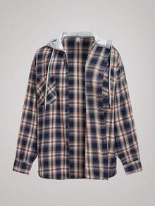 Officeau 男士休闲宽松格纹连帽衬衫外套，带胸袋和可调节抽绳，适合春秋季穿着。 - 藏蓝色 - 查看 1