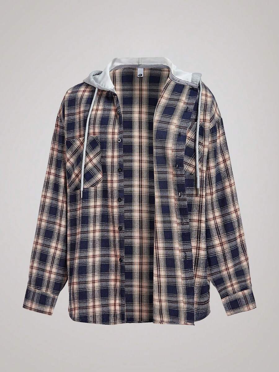 Officeau 男士休闲宽松格纹连帽衬衫外套，带胸袋和可调节抽绳，适合春秋季穿着。 - 藏蓝色 - 查看 1