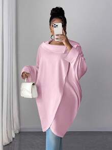 Maweii 大码女式休闲宽松纯色长袖衬衫 - 粉色 - 查看 1