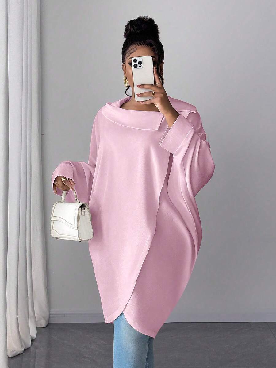 Maweii Áo sơ mi dài tay màu trơn dáng rộng thoải mái cho nữ cỡ lớn - Hồng - Xem 1