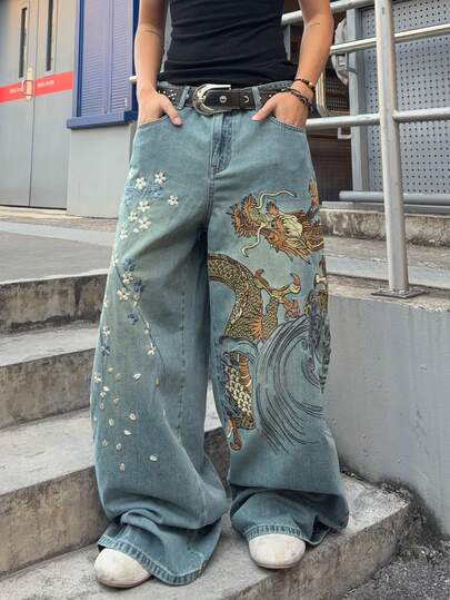 Jeans ampi da uomo con ricamo floreale e motivo del drago