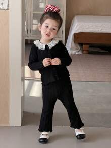 DAZY 女童蕾丝拼接韩版休闲纹理长袖上衣和裤子套装 - 黑色 - 查看 4