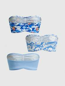 Paul Frank X ROMWE 3pcs Ruched Bust Cartoon Monkey & Camo Print Bandeau Bras - Blue - View 2