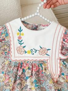 粉色優雅女嬰花卉洋裝，刺繡領口可愛阿拉伯風短袖祈禱服，米色夏季休閒伊斯蘭禮服，適合婚禮賓客禮物 - 彩色 - 查看 3