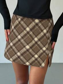 Aloruh Plaid High Waist Asymmetrical Split Casual Skirt For Women - Mocha Brown - View 7