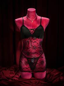 SpicyHot 2 piezas Conjunto de camisón sexy de mujer con parches de encaje - Negro - Ver 7