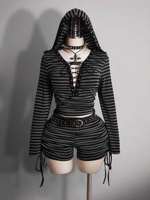 SHEIN ICON Plus Size Y2K Dark Punk Style Casual Side Ruched Drawstring Striped Shorts Goth Shorts Black And Gray Striped Shorts Ruched Shorts - Black - View 3