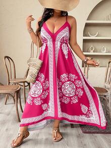 Weeklong Vestido de tirantes asimétrico con estampado vintage para talla grande, estilo vacacional - Rosa Fucsia - Ver 7