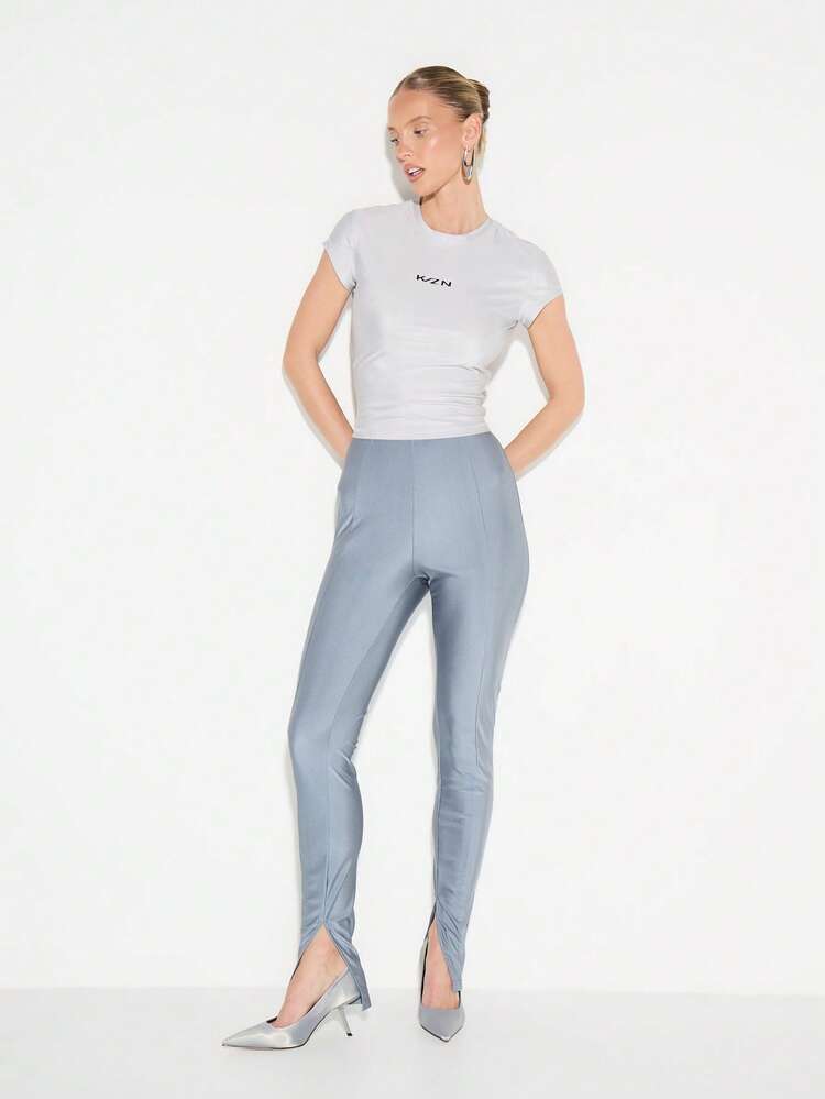 KIZN High Waisted Split Hem Leggings With Side Slit Detail And Glossy Finish For Everyday Casual Wear