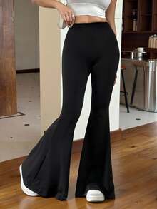 SHEIN EZwear Women Black Knitted Flared Leggings - Black - View 3