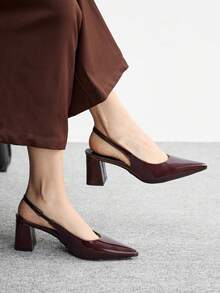 CUCCOO BIZCHIC Women's Pointed Toe Chunky High Heel Burgundy Backstrap All-Match Minimalist Versatile Commute Work Pumps - Burgundy - View 1