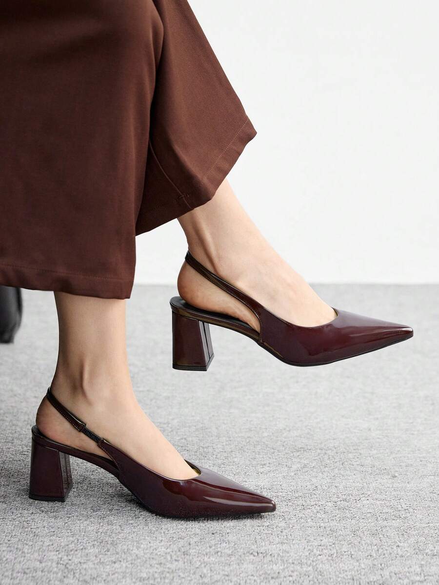 CUCCOO BIZCHIC Women's Pointed Toe Chunky High Heel Burgundy Backstrap All-Match Minimalist Versatile Commute Work Pumps - Burgundy - View 1