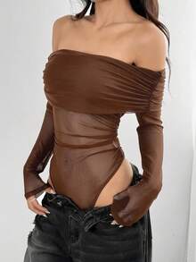 SHEIN EZwear 女士时尚咖啡棕色荷叶边露肩长袖网纱连体衣