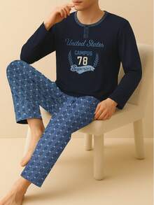 Conjunto De Pijama Algodón 2 piezas Casual Hombre Camisa Con Botones Manga pantalon Larga Cómoda Ligera Fresca - Azul Marino - Ver 1