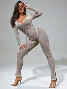 Low Neckline Corseted Waist Knit Jumpsuit - Khaki - View 4