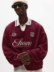 SUMWON Embroidered Logo Polo Collar Long Sleeve Sweatshirt Oversized Box Fit Pullover Crew Neck Casual Streetwear - Burgundy - View 3