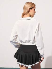 CourtClass Women's Casual Textured Fabric Polo Collar Half-Zip Sports Golf Polo Shirt, Spring/Autumn Tennis Outfit - White - View 2