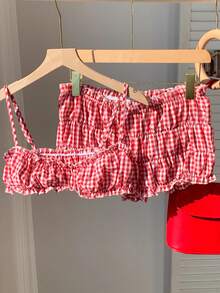 Comfortcana Set de 2 piezas de top corto con volantes y shorts a cuadros para mujer - Blanco - Ver 3