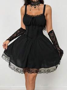 Coolane Women's Fall/Winter All-Season Y2K Goth Chic Rave Outfit Lace Stretchy Comfortable Halloween Outfits Bow Contrast Lace Black Mini Dress - Black - View 7