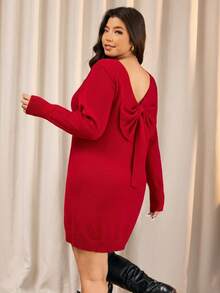 Elaquor Plus Size Women's Solid Color Bowknot Decor Long Sleeve Fashionable Knitted Dress,/Christmas Red Spring
