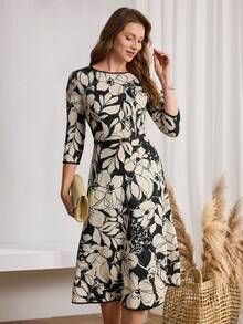 Miaspire This Elegant Women's Spring/Summer Dress Features A Classic Black And White Base With A Large Floral Print That Adds A Touch Of Sophistication. The Simple Floral Pattern Is Fresh And Lively, Exuding A Touch Of Understated Luxury. The Design Includes Mid-Length Sleeves, A Fitted Waist, And A Full Skirt, With A Belt To Accentuate The Figure. The Tailored Cut Is Suitable For Various Occasions. Perfect For Spring And Autumn, It's Suitable For Casual Gatherings And Commuting. The Black And White Color Scheme Conveys A Sense Of Composure, While The Floral Details Showcase Elegant And Fashionable Taste. It's A Beautiful And Practical Choice For Any Wardrobe. - Multicolor - View 7