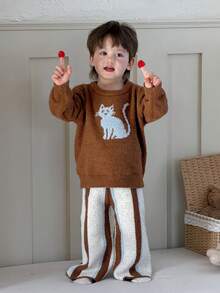 DAZY 幼儿男童卡通猫咪印花圆领上衣和条纹裤两件套睡衣套装（春季款） - 棕色 - 查看 8