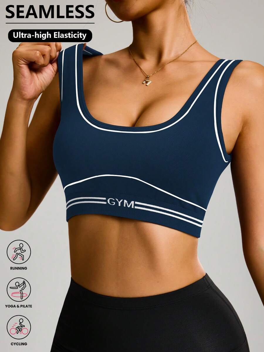SHEIN Sports Women's Letter Print Seamless Sports Camisole, Navy Blue - Navy Blue - View 1