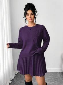 SHEIN PETITE CURVE 女士休闲花卉3D装饰长袖上衣和宽松半裙套装，大码针织毛衣套装，适合外出穿着 - 紫色 - 查看 6