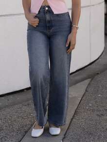 Andrea Bello Women Fashionable High Waist Simple Design Straight Wide-Leg Denim Jeans - Dark Wash - View 3